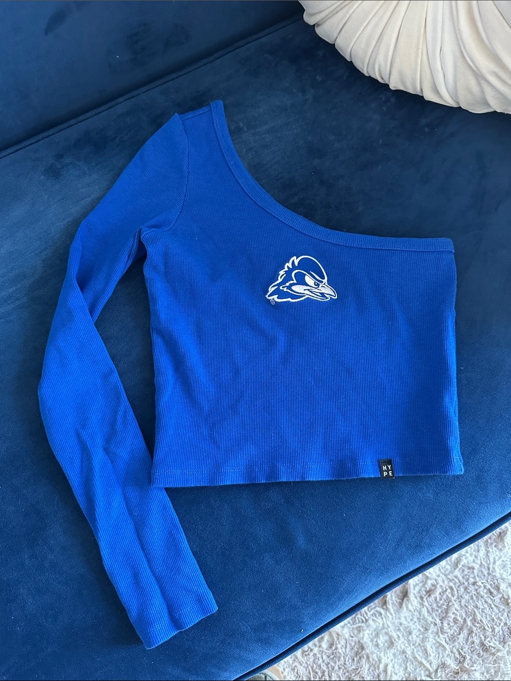 University of Delaware Blue One-Shoulder Ribbed Crop Top